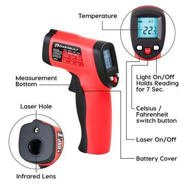 Powerbuilt Infrared Temperature Gun Non-Contact Laser, Handheld Heat Detector for Grill, Engine, Surface, Home or Industrial Temps -58F to 716F Red