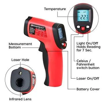 Powerbuilt Infrared Temperature Gun Non-Contact Laser, Handheld Heat Detector for Grill, Engine, Surface, Home or Industrial Temps -58F to 716F Red