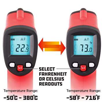 Powerbuilt Infrared Temperature Gun Non-Contact Laser, Handheld Heat Detector for Grill, Engine, Surface, Home or Industrial Temps -58F to 716F Red