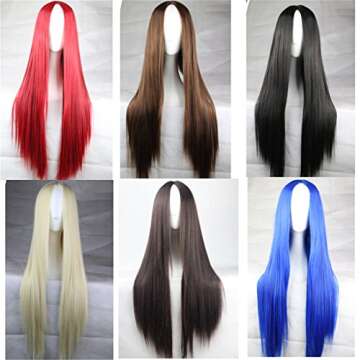 Flonding 75cm 29.5 inches Blue Wig Women's Long Straight Middle Part Synthetic Hair Wigs No bangs Co...