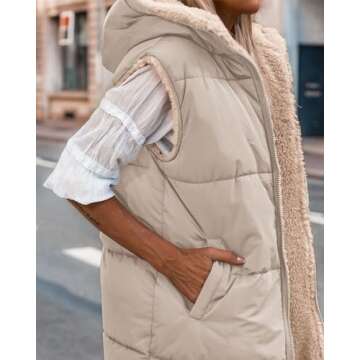 BTFBM Fall Long Puffer Vest Women Sleeveless Hooded Reversible Fleece Sherpa Jacket Zip Up Winter Coat Outerwear Vests(Solid Light Khaki, Small)