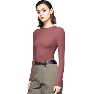 PUMIEY Long Sleeve Shirts for Women Crew Neck Slim Fit Fall Tops Sexy Basic Tee, Marsala Medium