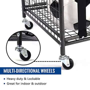 Mythinglogic Rolling Sports Ball Storage Cart, Sports Lockable Ball Storage Locker with Elastic Straps, Stackable Ball Cage for Garage Storage Garage Organizer (1 Set)