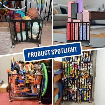 Mythinglogic Rolling Sports Ball Storage Cart, Sports Lockable Ball Storage Locker with Elastic Straps, Stackable Ball Cage for Garage Storage Garage Organizer (1 Set)