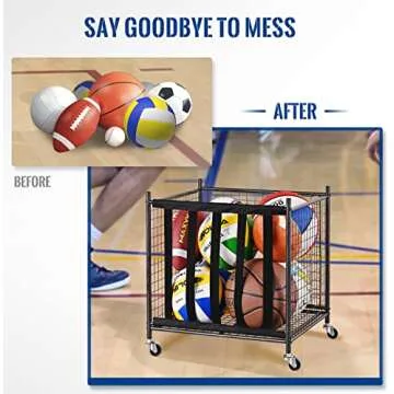 Mythinglogic Rolling Sports Ball Storage Cart, Sports Lockable Ball Storage Locker with Elastic Straps, Stackable Ball Cage for Garage Storage Garage Organizer (1 Set)