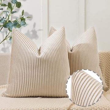 YCOLL Beige Pillow Covers 22x22 Set of 2 Velvet Striped Pattern - Soft Throw Pillows for Home Decor,...