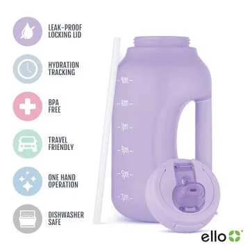 Ello Hydra 64oz Half Gallon Water Jug with Handle and Motivational Time Markers for All Day Hydration, Plastic Reusable Water Bottle with Straw and Locking, Leak Proof Lid, BPA Free, Lilac