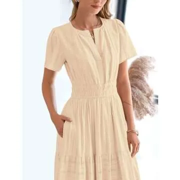 BTFBM Womens Summer 2025 Casual Midi Maxi Dresses Lightweight Short Sleeve V Neck Elastic Waist Boho Beach Dress Pockets