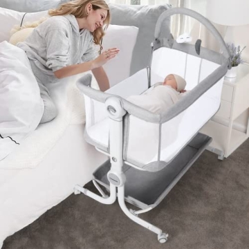 Cowiewie Baby Bassinet Bedside Sleeper with Storage Basket,Wheels and Toys, Easy Folding portable Ba...