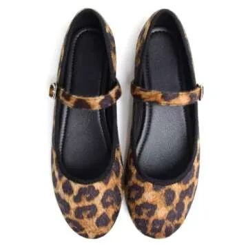 Stunner Women's Mary Jane Flats Retro Round Toe Ballet Flats Soft One Line Strap Flats Comfortable Casual Slip On Flats Leopard Print 41(8.5)