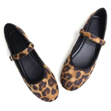 Stunner Women's Mary Jane Flats Retro Round Toe Ballet Flats Soft One Line Strap Flats Comfortable Casual Slip On Flats Leopard Print 41(8.5)
