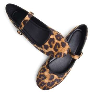 Stunner Women's Mary Jane Flats Retro Round Toe Ballet Flats Soft One Line Strap Flats Comfortable Casual Slip On Flats Leopard Print 41(8.5)