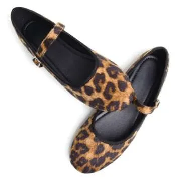 Stunner Women's Mary Jane Flats Retro Round Toe Ballet Flats Soft One Line Strap Flats Comfortable Casual Slip On Flats Leopard Print 41(8.5)