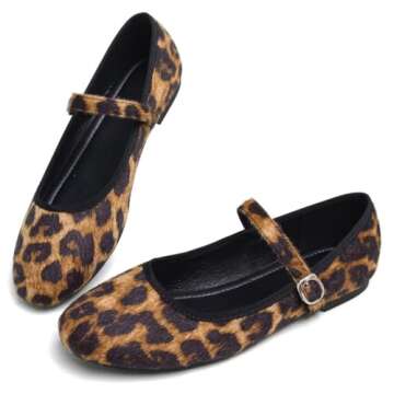 Stunner Women's Mary Jane Flats Retro Round Toe Ballet Flats Soft One Line Strap Flats Comfortable Casual Slip On Flats Leopard Print 41(8.5)