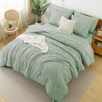 Litanika King Size Comforter Set with Sheets Sage Green - 7 Pieces Bed in a Bag King Boho Tufted Complete Beddding Sets with Comforter, Sheets, Pillowcases & Shams
