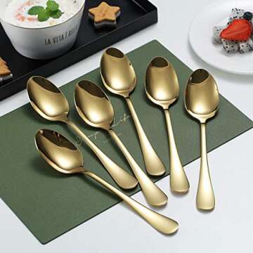 Gold Dinner Spoons, Kyraton 6 Pieces 7.5" Stainless Steel Table Spoon With Titanium Gold Plating, Go...