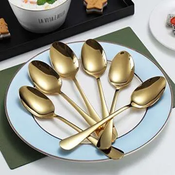 Gold Dinner Spoons, Kyraton 6 Pieces 7.5" Stainless Steel Table Spoon With Titanium Gold Plating, Gold Soup Spoons, Dessert Spoons Sliverware Dishwasher Safe Set of 6