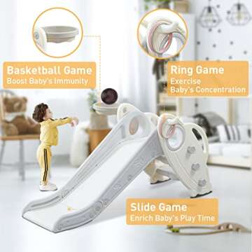 Onasti Kids Slide for Toddlers Age 1-3 Indoor Baby Plastic Slide Outdoor Climber Freestanding Playset with Basketball Hoop & Ring Game Grey