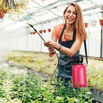 Garden Sprayer 1.35Gallon/5L Battery Powered Sprayer with USB Rechargeable Handle, Weed Sprayer with 3 Mist Nozzles, Portable Electric Sprayer with Shoulder Strap for Cleaning, Lawn, Rose Pink