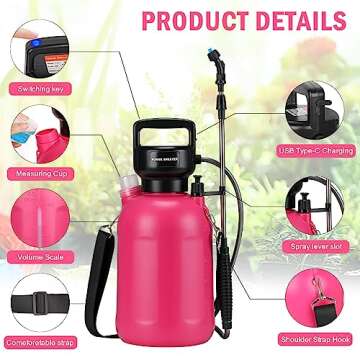 Garden Sprayer 1.35Gallon/5L Battery Powered Sprayer with USB Rechargeable Handle, Weed Sprayer with 3 Mist Nozzles, Portable Electric Sprayer with Shoulder Strap for Cleaning, Lawn, Rose Pink