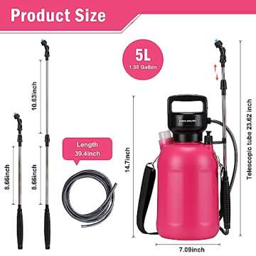 Garden Sprayer 1.35Gallon/5L Battery Powered Sprayer with USB Rechargeable Handle, Weed Sprayer with 3 Mist Nozzles, Portable Electric Sprayer with Shoulder Strap for Cleaning, Lawn, Rose Pink