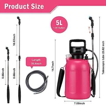 Garden Sprayer 1.35Gallon/5L Battery Powered Sprayer with USB Rechargeable Handle, Weed Sprayer with 3 Mist Nozzles, Portable Electric Sprayer with Shoulder Strap for Cleaning, Lawn, Rose Pink
