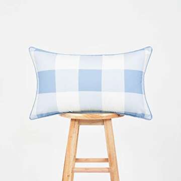 Hofdeco Coastal Patio Indoor Outdoor Lumbar Pillow Cover ONLY for Backyard, Couch, Sofa, Baby Blue Buffalo Check, 12"x20"