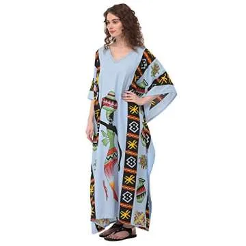Gypsie Blu Ladies Kaftan Kimono Maxi Style Dress Women Plus Size Tribal Caftan Long Swimsuit (Silver Blue)