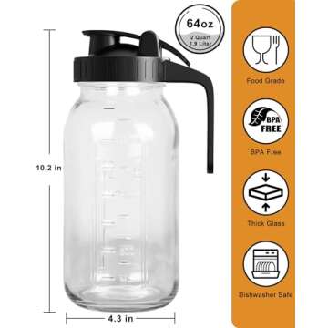 64 oz Mason Jar Pour Spout, 2 Quart Glass Water Pitcher with Lid, Airtight Seal for Great for Iced Tea,Juice,Milk,Coffee,Sun Lemonade, Set of 1(Black)