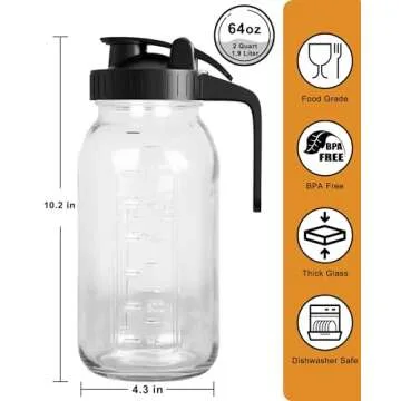 64 oz Mason Jar Pour Spout, 2 Quart Glass Water Pitcher with Lid, Airtight Seal for Great for Iced T...