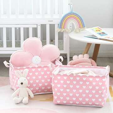 Hinwo 2-Pack Large Canvas Fabric Storage Basket with Handles, 33L/8.6-Gal Rectangle Bin, Collapsible Storage Box, Clothes, Toys, Blankets Organizer, 16.5 x 12 x 10 Inches (L, Pink Heart)