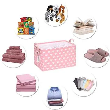 Hinwo 2-Pack Large Canvas Fabric Storage Basket with Handles, 33L/8.6-Gal Rectangle Bin, Collapsible Storage Box, Clothes, Toys, Blankets Organizer, 16.5 x 12 x 10 Inches (L, Pink Heart)