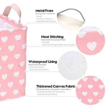 Hinwo 2-Pack Large Canvas Fabric Storage Basket with Handles, 33L/8.6-Gal Rectangle Bin, Collapsible Storage Box, Clothes, Toys, Blankets Organizer, 16.5 x 12 x 10 Inches (L, Pink Heart)