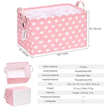 Hinwo 2-Pack Large Canvas Fabric Storage Basket with Handles, 33L/8.6-Gal Rectangle Bin, Collapsible Storage Box, Clothes, Toys, Blankets Organizer, 16.5 x 12 x 10 Inches (L, Pink Heart)