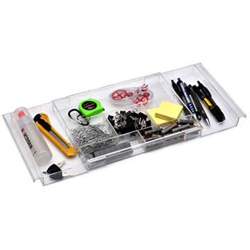 Masirs Expandable Drawer Organizer - Customizable Makeup Vanity Organizing Storage Tray for Bathroom, Bedroom & Desk Drawers - Clear Plastic Cosmetics Organizers with Expanding Compartment (Set of 2)