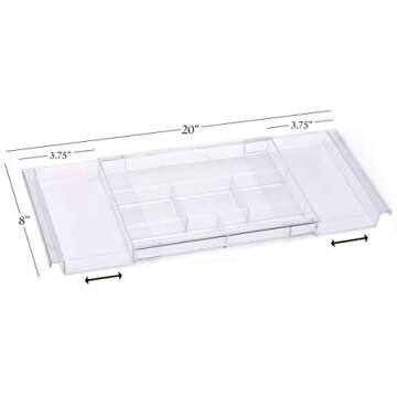 Masirs Expandable Drawer Organizer - Customizable Makeup Vanity Organizing Storage Tray for Bathroom, Bedroom & Desk Drawers - Clear Plastic Cosmetics Organizers with Expanding Compartment (Set of 2)