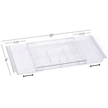 Masirs Expandable Drawer Organizer - Customizable Makeup Vanity Organizing Storage Tray for Bathroom, Bedroom & Desk Drawers - Clear Plastic Cosmetics Organizers with Expanding Compartment (Set of 2)