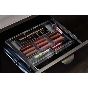 Masirs Expandable Drawer Organizer - Customizable Makeup Vanity Organizing Storage Tray for Bathroom, Bedroom & Desk Drawers - Clear Plastic Cosmetics Organizers with Expanding Compartment (Set of 2)