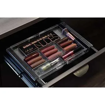 Masirs Expandable Drawer Organizer - Customizable Makeup Vanity Organizing Storage Tray for Bathroom, Bedroom & Desk Drawers - Clear Plastic Cosmetics Organizers with Expanding Compartment (Set of 2)