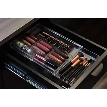 Masirs Expandable Drawer Organizer - Customizable Makeup Vanity Organizing Storage Tray for Bathroom, Bedroom & Desk Drawers - Clear Plastic Cosmetics Organizers with Expanding Compartment (Set of 2)