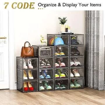 7 code Thicken & Sturdy Clear Shoe Storage Organizer with Magnetic Door, Stackable Boxes for Closet, Foldable Shoe Rack for Sneaker Boot Container, Plastic Shoe Cabinet Shoe Box 6 Pack, Black
