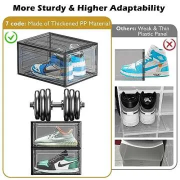 7 code Thicken & Sturdy Clear Shoe Storage Organizer with Magnetic Door, Stackable Boxes for Closet, Foldable Shoe Rack for Sneaker Boot Container, Plastic Shoe Cabinet Shoe Box 6 Pack, Black