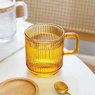 Lysenn Amber Glass Coffee Mug with Bamboo Lid - Elegant 12.5 oz Glass Tea Cup
