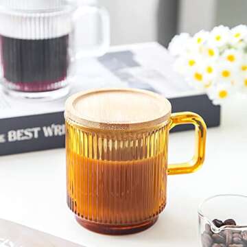 Lysenn Amber Glass Coffee Mug with Bamboo Lid 12.5 oz - Elegant & Unique