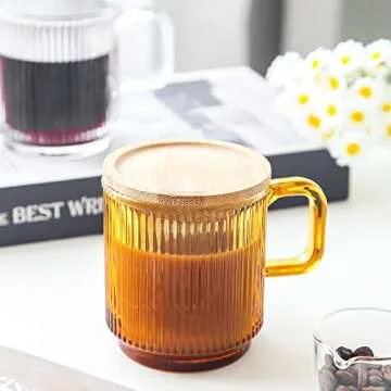 Lysenn Amber Glass Coffee Mug with Bamboo Lid 12.5 oz - Elegant & Unique