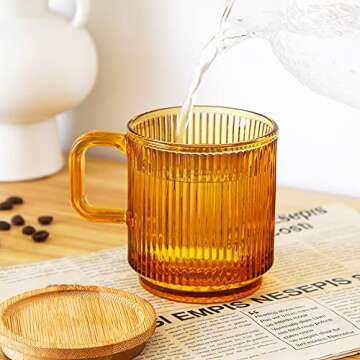 Lysenn Amber Glass Coffee Mug with Bamboo Lid 12.5 oz - Elegant & Unique