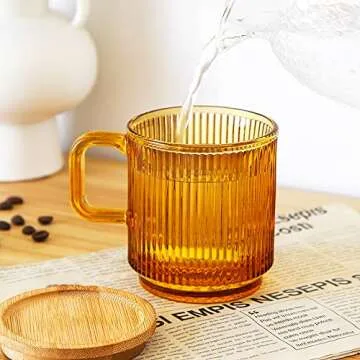 Lysenn Amber Glass Coffee Mug with Bamboo Lid 12.5 oz - Elegant & Unique