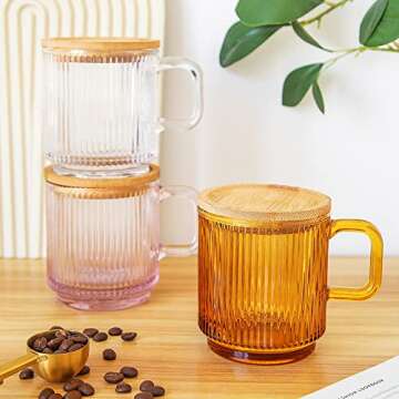 Lysenn Amber Glass Coffee Mug with Bamboo Lid 12.5 oz - Elegant & Unique