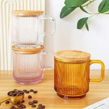 Lysenn Amber Glass Coffee Mug with Bamboo Lid 12.5 oz - Elegant & Unique
