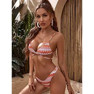 SweatyRocks Women's 3pack Allover Graphic Wrap Bikini Swimsuit & Beach Skirt Orange S